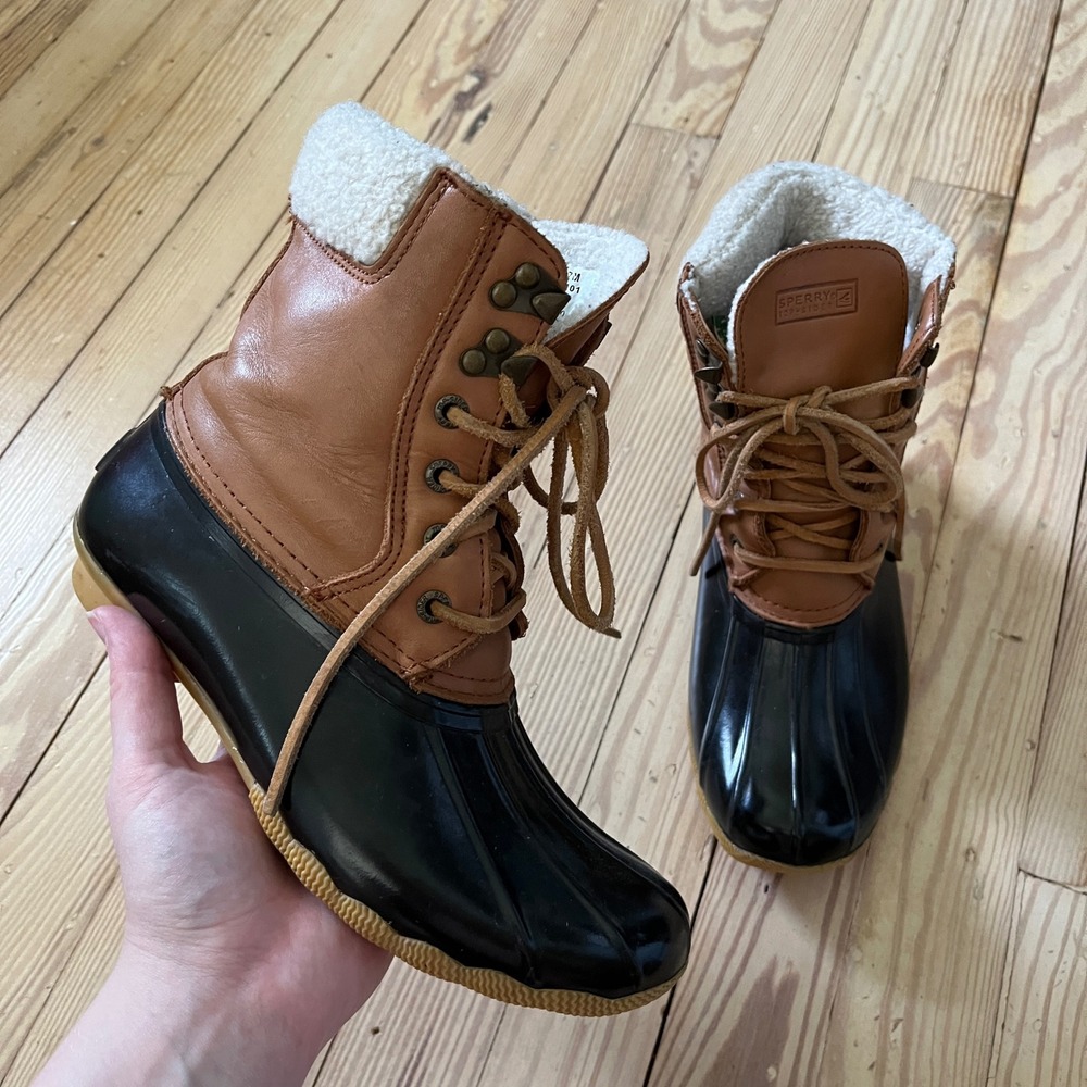 Sperry Saltwater Duck Boots snow Womens 7M Black Tan Leather Faux Shearling